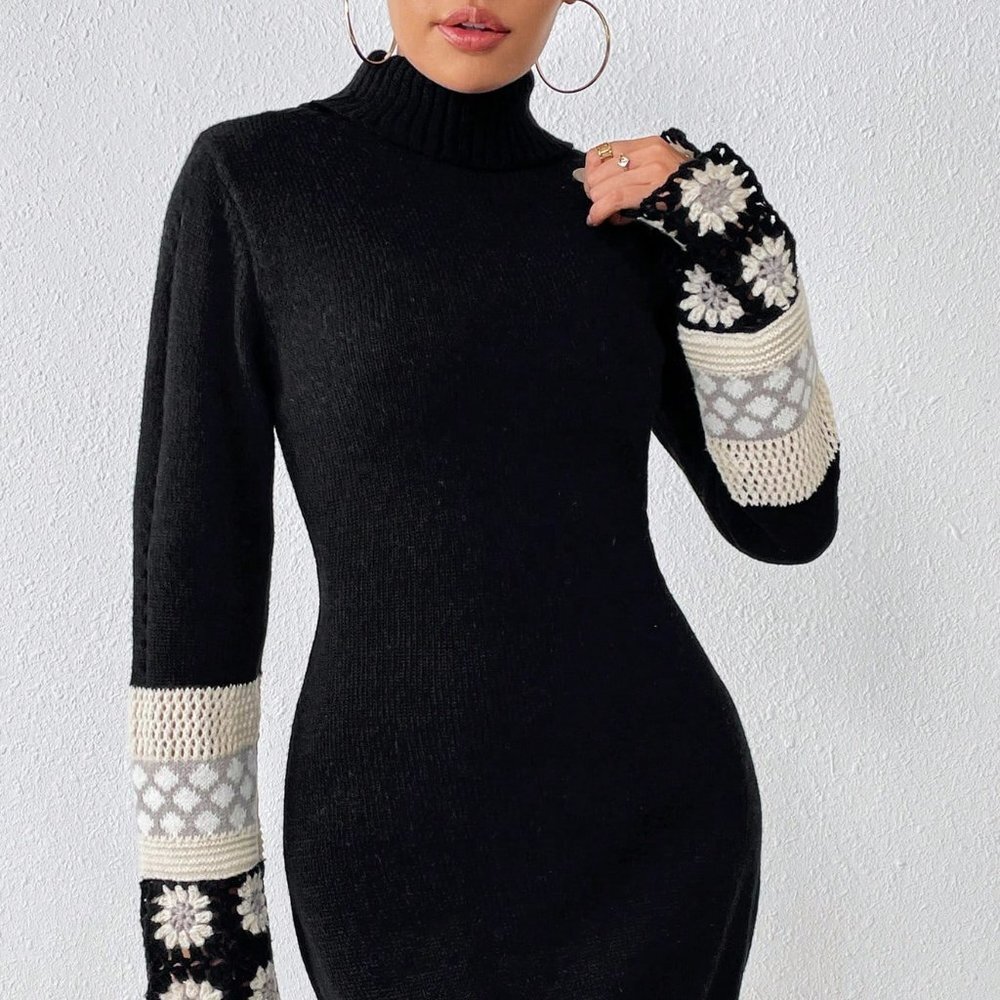 Black Preppy Womens Floral Crochet Turtle Neck Trumpet Sleeve Sweater Dress - Picture 4 of 5